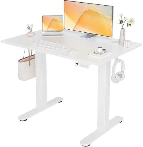 Seang Electric Standing Desk Adjustable Height, 40 x 24 Inch Sit Stand Desk with T-Shaped Frame, 3 Memory Presets & Cable Management for Home Office Computer Workstation, White Frame/White Top