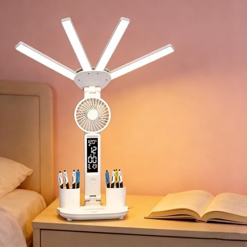 Foldable Led Desk Lamp with Fan Clock Light Study, 3 Lighting Modes, Adjustable Table Lamp Dimmable Eye Caring Reading Lamp for Home Office College Dorm Bedroom Bedside