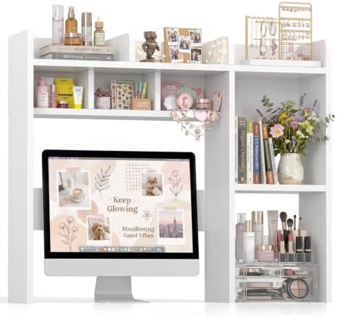 NUTIKAS Desk Hutch White Desktop Bookshelf Shelf - 37 Inch Computer Desk Organizer for Dorm Room, Wood Storage Rack for Home Office Desktop Display Shelves, Small Bookcase for Top of Desk