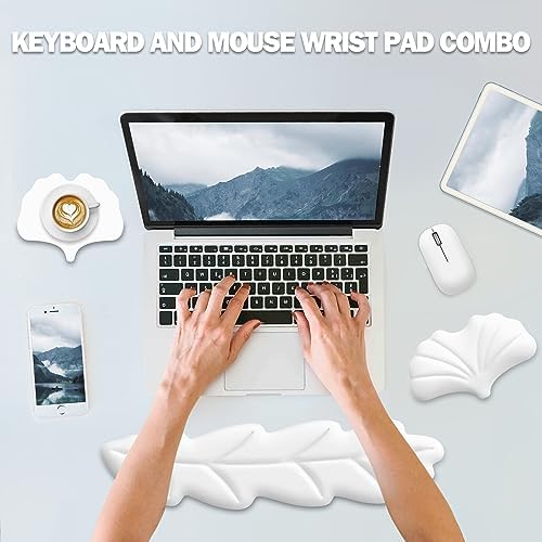 Keyboard Wrist Rest Pad Set, Leaf Shape PU Leather Memory Foam Wrist Cushion Support,Mouse Wrist Rest Pad,Non-Slip Wrist Support for Easy Typing Pain Relief, White Leaf