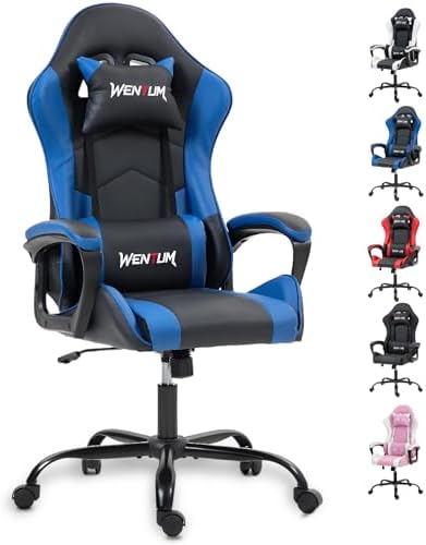 Massage Gaming Chair, Ergonomic PC Desk Chair with Headrest and Massage Lumbar Support, Video Game Chair w/Height Adjustable High Back for Home Office, Blue