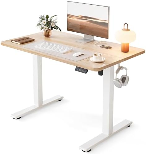 Cubiker Standing Desk, 40x24 Inches Sit Stand Home Office Desk, Electric Stand up Desk, Adjustable Desk with Splice Board, White Frame/Maple Top