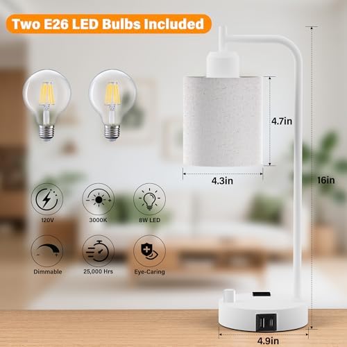 SIBRILLE Industrial Table Lamps with Linen Shade, Set of 2 Fully Dimmable Bedside Lamps with USB A+C Ports and Outlet, White Nightstand Desk Lamps for Bedrooms Living Room Office, 2 LED Bulbs Included