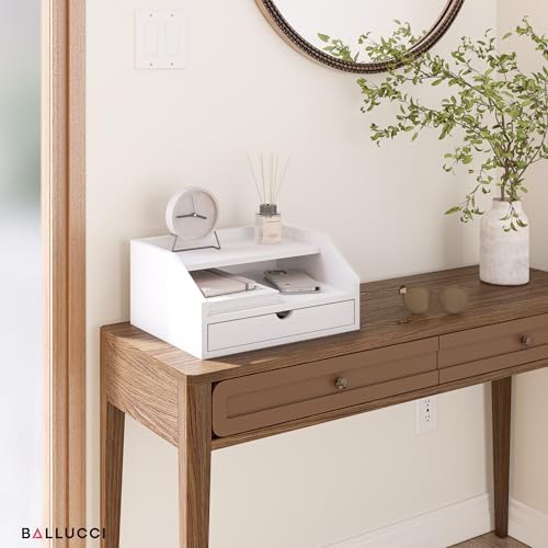 Ballucci Desk Organizer with Drawer, 2 Tier Paper Office Supplies Desk Organizer, 13 2/5" x 9 3/5" x 6", White
