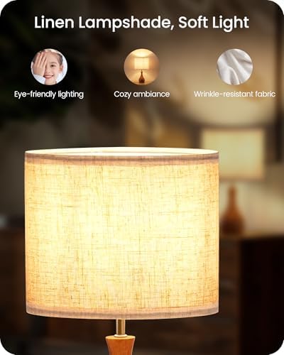 Small Table Lamp, 14.2" Wood Bedside Lamp, Little Cute Desk Lamp with Dark Wood Bottle-Shaped Base & Beige Linen Lampshade, Nightstand Lamp for Bedroom, Small Space, E26 Socket, LE09TL05