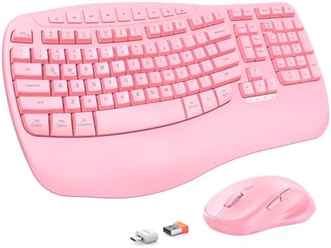 MEETION Wave Ergonomic Keyboard and Mouse Combo with Wrist Rest, Pink