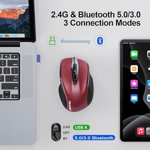 TECKNET Wireless Mouse, BT 5.0/2.4G, Silent 4800 DPI 6 Buttons, Red