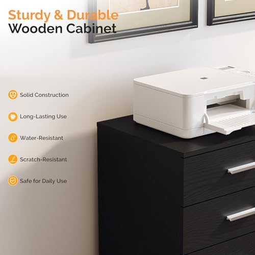 VINGLI 3 Drawer Wood Lateral File Cabinet with Adjustable Shelves & Locking Wheels, Printer Stand with Drawers for Letter Size Files, Sturdy Black File Cabinets for Home Office, Study & Business