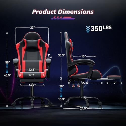 Magshion Gaming Chair for Adults, Ergonomic Computer Chair with Linkage Armrests, Height Adjustable Gamer Chair with Footrest and Headrest for Home Office, 350 Lbs Capacity, Red
