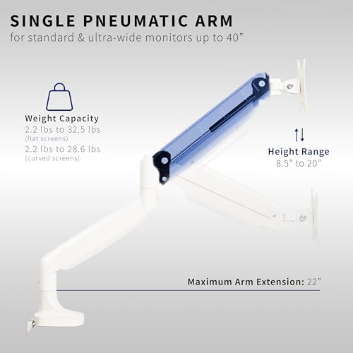 VIVO Premium Aluminum Heavy Duty Single Monitor Arm for Ultrawide Monitor up to 40 inches and 32.5 lbs, Desk Mount Stand, Pneumatic Height, Max VESA 100x100, White, STAND-V101QW