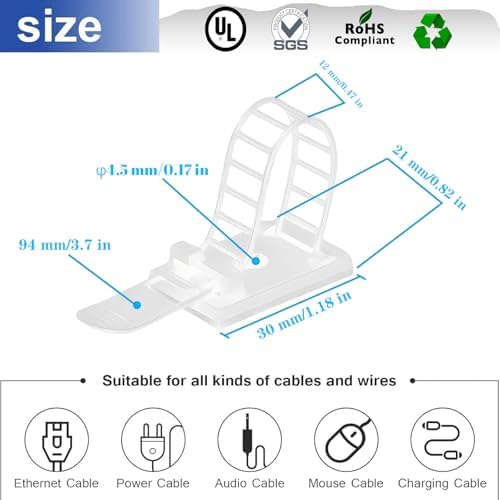 Cable Ties Cable Clips Wire Management Cord Clips Under,Desk Cable Management Reusable Zip Ties Wire Organizer Under Desk 50 packs (White)
