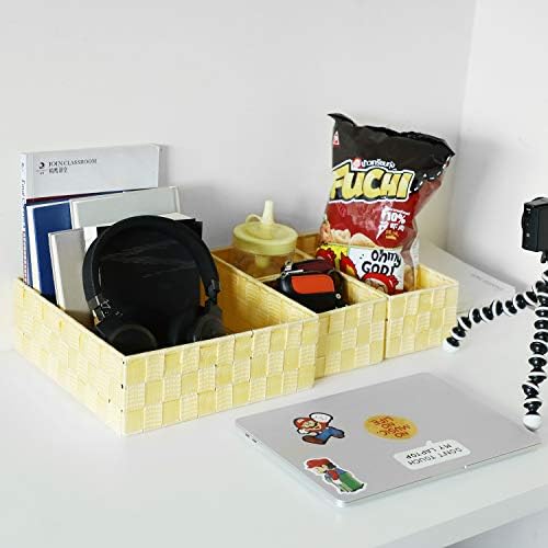 Posprica Woven Storage Baskets for Organizing, Small Black Baskets Cube Bin Container Tote Organizer Divider for Drawer, Closet, Shelf, Dresser, Set of 4(Yellow)