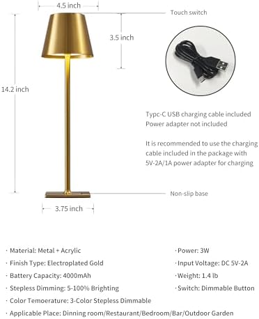 KDG 2 Pack Cordless Gold Table Lamps, Rechargeable Portable LED Desk Lamps