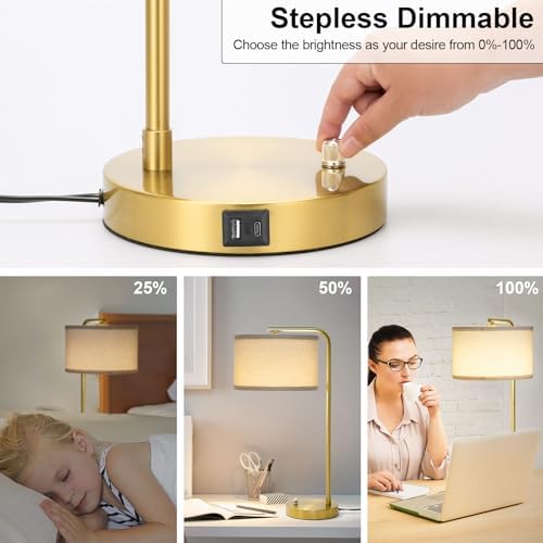 Mordern Gold Table Lamp, Fully Dimmable Bedside Lamp with C+A USB Ports
