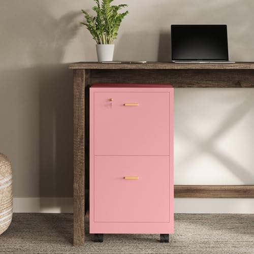 Lavish Home 2-Drawer Wooden File Cabinet with Lock, Pink, 16” x 27”