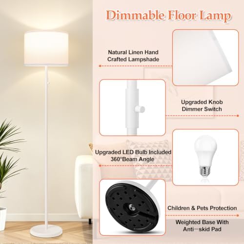 Floor Lamp Simple Design with Shade, Standing Lamps for Living Room Bedroom Office Dining Room Kitchen-White