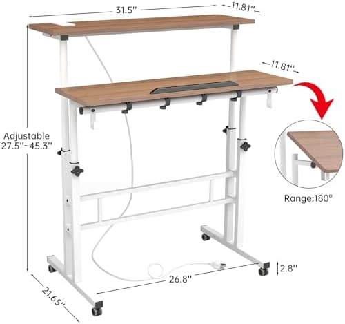 SIDUCAL Mobile Stand Up Desk with USB Ports and Outlets, Adjustable Laptop Desk on Wheels, Home Office Workstation, Rolling Laptop Cart for Standing or Sitting, 31.5" x 23.6" Vintage Oak