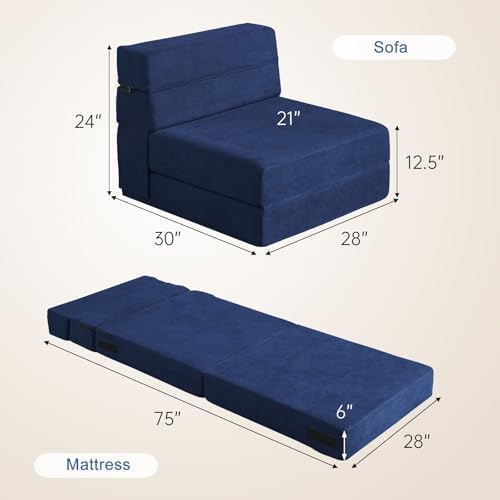 Nigoone Folding Sofa Bed with Pillow Memory Foam Convertible Sleeper Chair Bed Couch Futon Lazy for Living Room Home Office Guest Beds Apartment Upstairs Loft, Single Size, Dark Blue