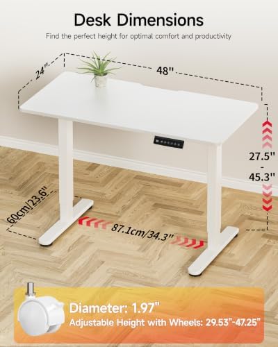 Okin Standing Desk Electric Adjustable Computer Whole Piece Stand up Desk with Wheels Office Gaming Home Office Memory Desks 48x24 inches White