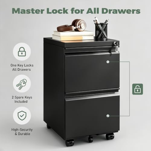 Guizeeopo 2 Drawer Locking File Cabinet, Fully Assembled Heavy-Duty Metal Filing Cabinets for Home Office, Quiet Slides, Anti-Tipping Wheels, Fits A4/Letter/Legal, Matte Black