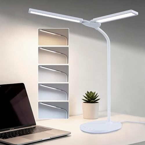 G Keni LED Desk Lamp, 2400 Lux Bright Desk Lamp for Home Office, Dual Head Adjustable Desk Lamp with 5 Color Modes, Stepless Dimming, 360° Gooseneck, Auto Timer, Eye Caring Task Light