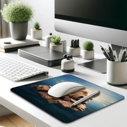 Grizzly Bear Mouse Pad, Wild Animal Resting on a Rock Calm Water Desk Mat