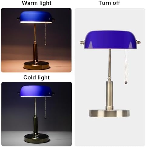 FIRVRE Bankers Lamp with2 USB and Wireless Charging Port，Pull Chain Switch Blue Glass Desk Lamp， E26 Base,Traditional Library Desk Lamps for Home Office,Bedroom,Piano