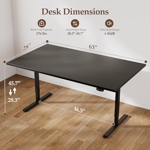 Klicelor 63 x 28 Electric Standing Desk, Sit Stand Up Home Office Desk, Height Adjustable Deep Cumputer Table with Memory Presets and Hooks, Two Pieces, Black
