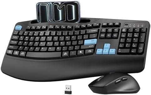 Wireless Keyboard and Mouse Combo, Full Size Ergonomic Wave Keys(Blue)