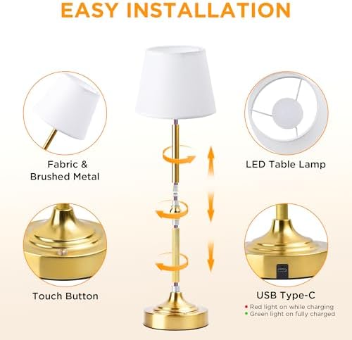 LUTEC Cordless Table Lamp, Battery Operated Lamp with 3 Color Temps and Stepless Dimming, 5200mAh Portable Rechargeable Table Lamp for Restaurant/Bedroom/Bars/Outdoor (Brushed Gold)