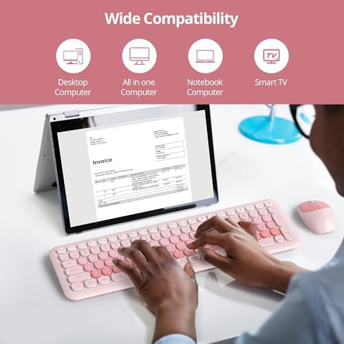 Surmen Cute Pink Keyboard and Mouse Wireless Silent, Full-Size Retro Typewriter Wireless Quiet Slim Keyboard Low-Noise 2.4GHz for Computer, Desktop, Laptop(6-Diary Pink)