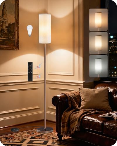 Dimmable Floor Lamps for Living Room with Remote and Foot Switch, 64.4” Modern Standing Tall Lamp, Corner Lamp for Bedroom, Bulb Included, 3000K-6500K, Beige and Brown, FCC Listed VE06LD05W1