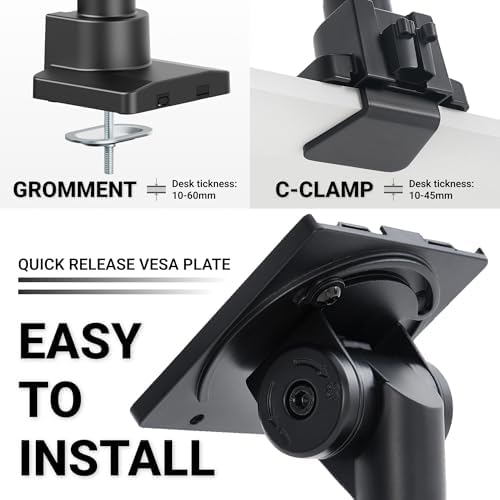 Hexcal Heavy Duty Monitor Arm for 57" Ultrawide Screens, Support up to 59.4 lbs, Full Motion Desk Mount with Quick Release VESA (75/100/200mm), C-Clamp & Grommet Base, Space-Saving Design