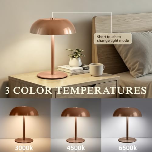 2 Pack Portable LED Mushroom Table Lamp, 12H Cordless Metal Night Light with Rechargeable Battery, Stepless Dimmable 3 Colors Desk Lamp for Bedroom Bar Coffee Shop(Camel)