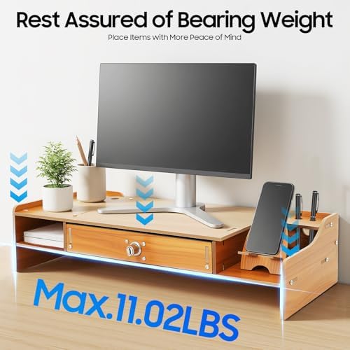 Monitor Stand Riser,Computer Monitor Stand,Monitor Stand Riser with Storage,Desktop Computer Monitor Stand,Multi-Purpose Desk Organizer Shelf,Computer Rack with Lockable Drawer,for Homes,Schools