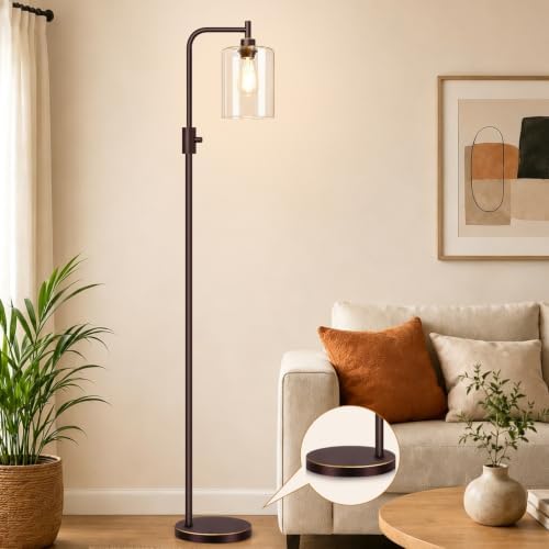 【Upgraded】 Dimmable Floor Lamp for Living Room with Glass Lampshade, Brown with GoldEdge Modern Floor Lamp with 900LM LED Bulb Included, Standing Tall Lamp for Bedroom, Office, Reading Room, Corner