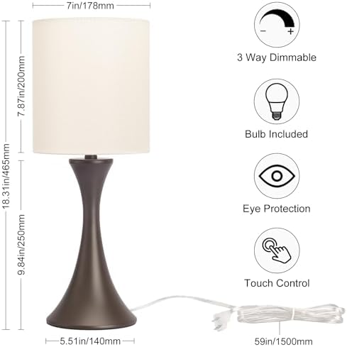3 Way Touch Control Table Lamp, Dimmable Bedside Lamp, Nightstand Light