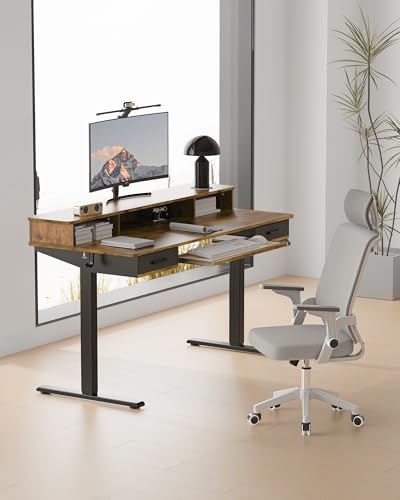 Electric Standing Desk with Keyboard Tray, 55x24 Inches Height Adjustable Stand up Desk with 2 Drawers, Ergonomic Sit to Stand Table with Storage Monitor Stand, Rustic Brown