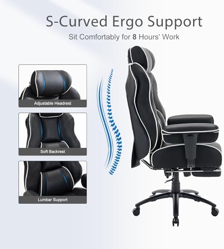 DJWang Big and Tall Office Chair with Foot Rest, High Back Executive Office Chair, PU Leather Ergonomic Chair with Lumbar Support, 135 Reclining Chair with Thickened Spring Cushion, Black