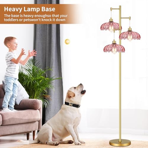 Vintage Floor Lamps for Living Room Bedroom-3 Light Glass Floor Lamp with Three Led Bulb, Tall Flower Floor Lamp Gold Mid Century Modern Standing Lamp Tree Floor Lamps for Living Room Bedroom Corner