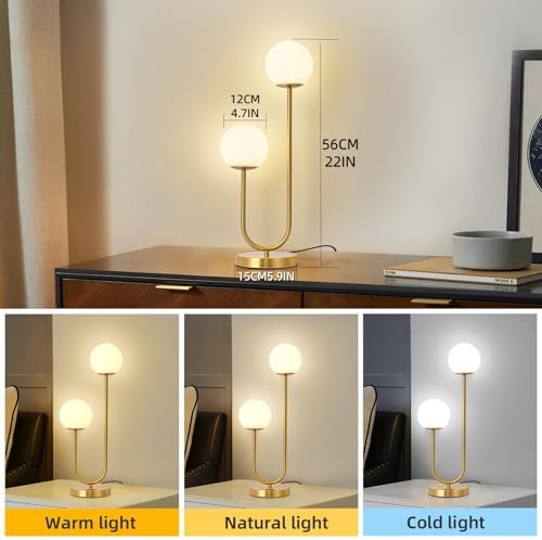 Mid Century Modern Globe Table Lamp Gold U-Shape Glass Table lamp 2-Globe Bedside Lamp with LED G9 Light Source Ideal for Bedroom & Office