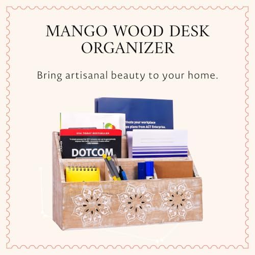 Mela Artisans Serena Mango Wood Desk Organizer - Whitewash, 13 in