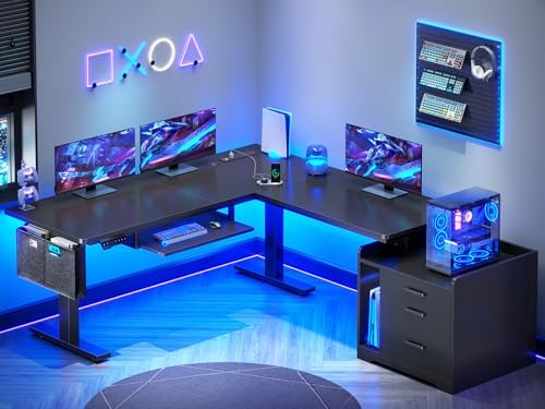 SEDETA L Shaped Standing Desk with File Cabinet, 3 Drawers, Power Outlet