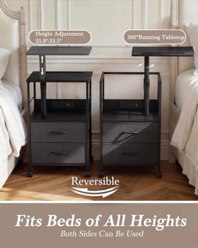 Faesun Night Stand with Charging Station & Swivel Top, Black Gray