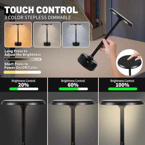 Cordless Rechargeable Modern Metal Table Lamp, Touch Dimming, 3-Color