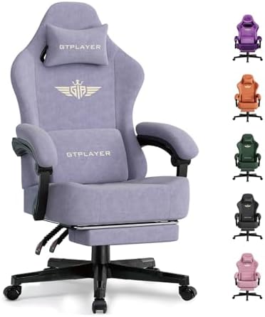GTPLAYER Big and Tall Gaming Chair Fabric with Pocket Spring Cushion, High Back Ergonomic Computer Chair with Footrest for Adults Lumbar Support Swivel Game Chair for Office 350LBS, Macaron Purple