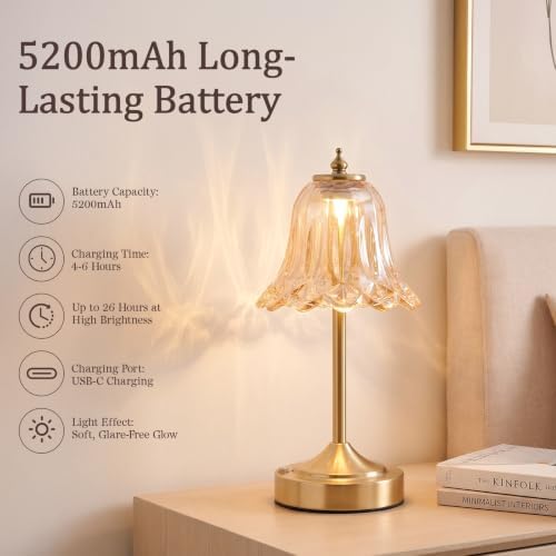 Cordless Table Lamp, Rechargeable Amber Glass Tulip Flower Touch Lamp