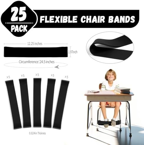 25 Pack Chair Bands for Kids with Fidgety Feet, ADHD Tools for Kids, Improve Focus & Reduce Restlessness, Chair Bands for Sensory ADHD ADD Autism - Classroom & Home Must Haves (Black)