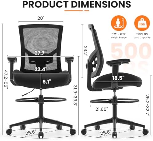 500lbs Drafting Chair,Big and Tall Office Chair for Standing Desk with Wide Seat,2D Adjustable Lumbar Support,Ergonomic Office Chair with Footrest for Home,Drawing or Counter Height Use