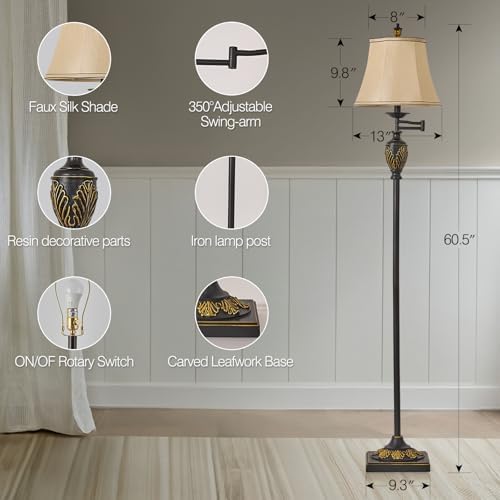 Traditional Floor Lamp with 350° Swing Arm,3 Color Temperatures,Black Gold